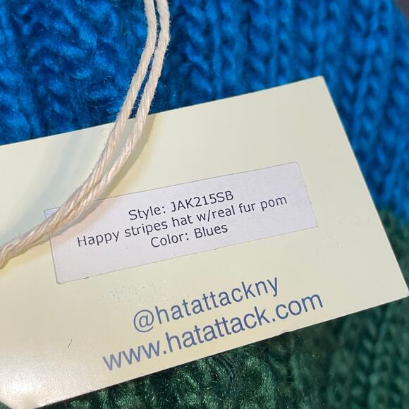 Hat Attack Beanie Cap Knit Happy Stripes Faux Fur Pom Skull Gift OS Blue Green - Picture 7 of 9